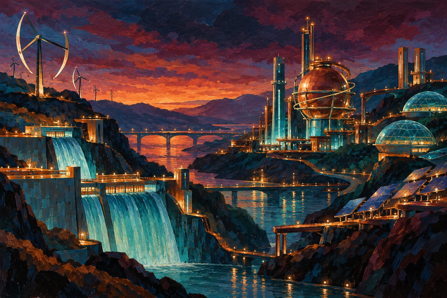 Paisaje energético imaginario al anochecer en gouache, ilustración IA sin sede real ni documento del TJUE.