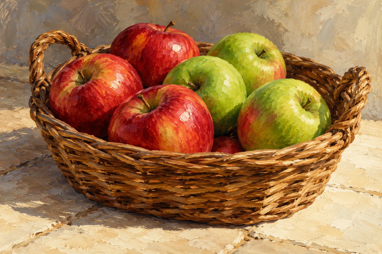 Cesto de manzanas inventado en óleo, ilustración IA sin inventario auditado o precio medido.