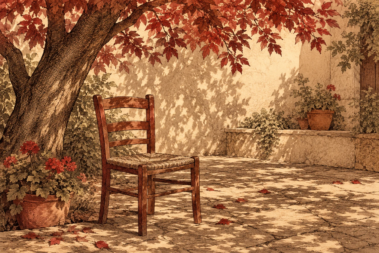 Silla vacía bajo un árbol en un patio inventado, aguafuerte coloreado generado con IA como símbolo de descanso; sin lugar de trabajo o reclamación reales.