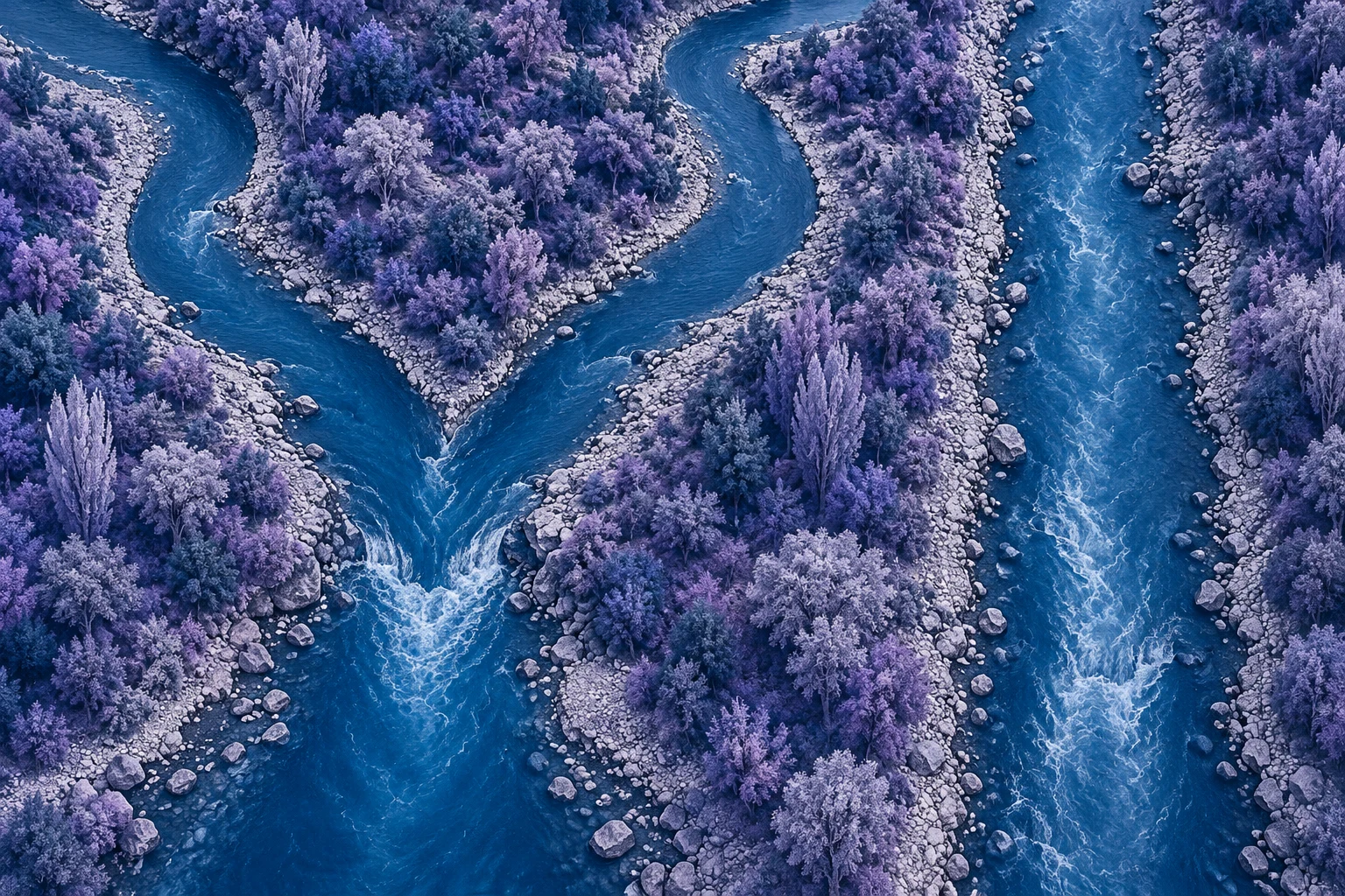 Canales fluviales imaginarios en cianotipo azul y lavanda generado con IA como metáfora de vías de cobro; sin cheque, cuenta o proceso bancario reales.