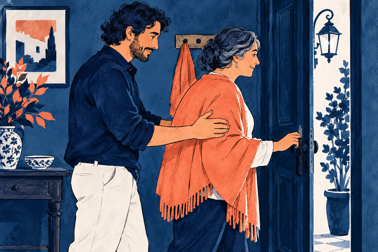 Ilustración IA conceptual: acompañamiento familiar en puerta. Escena inventada; no documenta personas, sedes, datos o resultados reales.