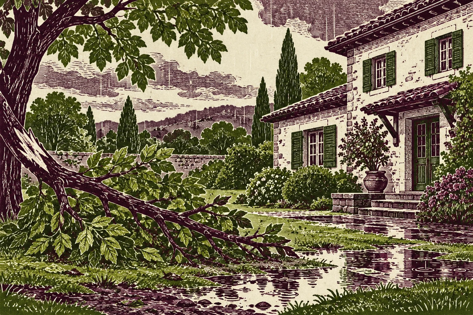 Ilustración IA conceptual de rama caída junto a tejado inventado. Escena inventada; no documenta personas, sedes, datos, productos probados o resultados reales.