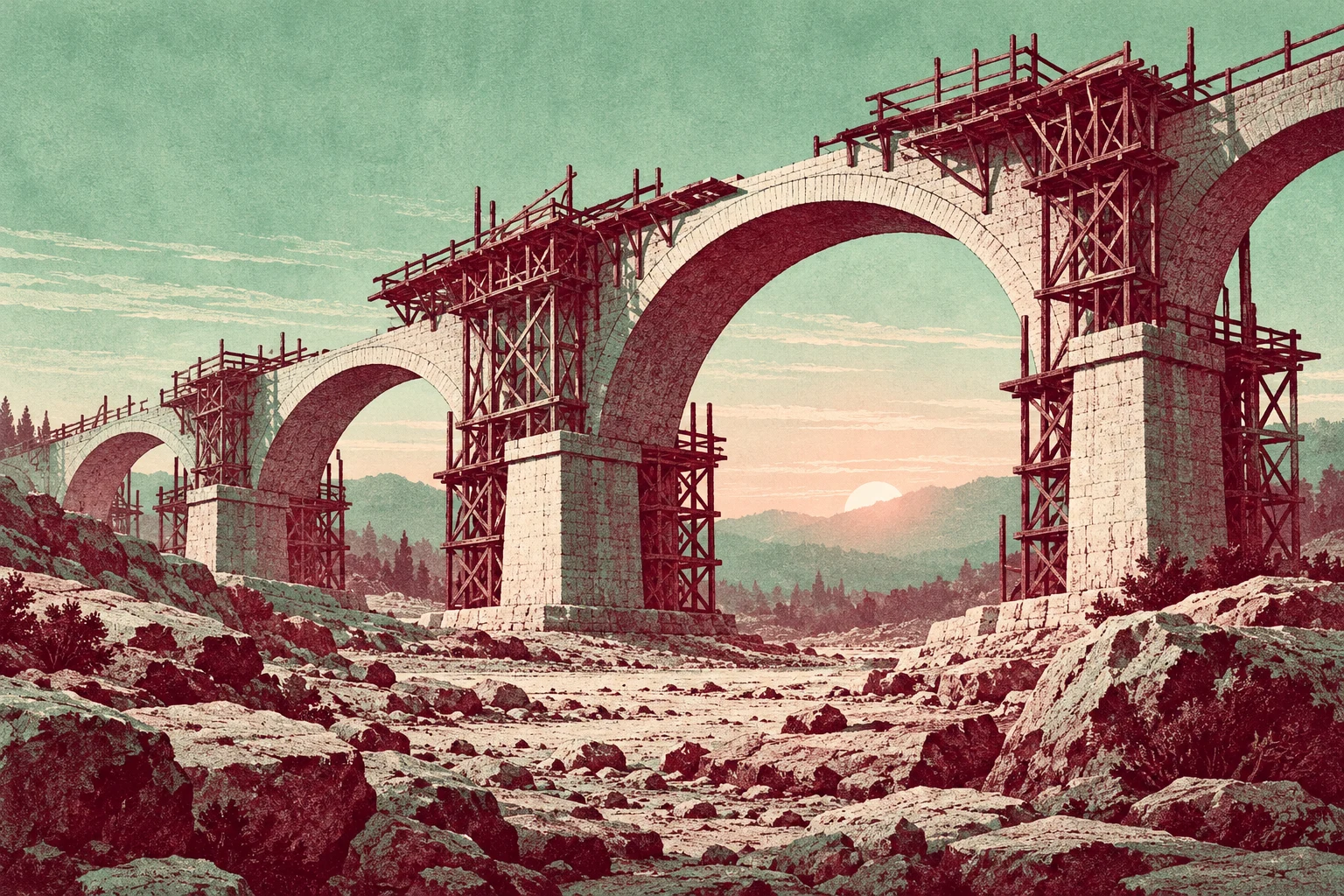 Ilustración IA conceptual: puente ficticio en preparación. Escena inventada; no documenta hechos, datos, productos probados ni obras o sedes reales.