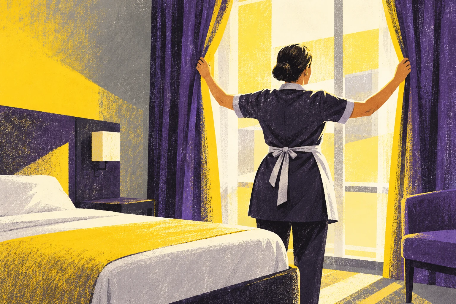 Ilustración IA: trabajadora ficticia abre cortinas en una habitación de hotel imaginaria. No muestra un hotel real ni documenta datos de ocupación.