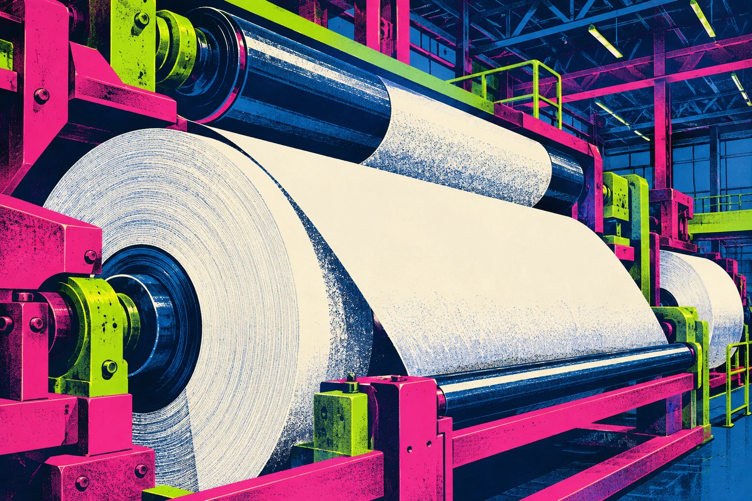 Ilustración IA: máquina genérica imaginaria con bobinas de papel; no representa una fábrica o inversión real de P&G ni productos ensayados.