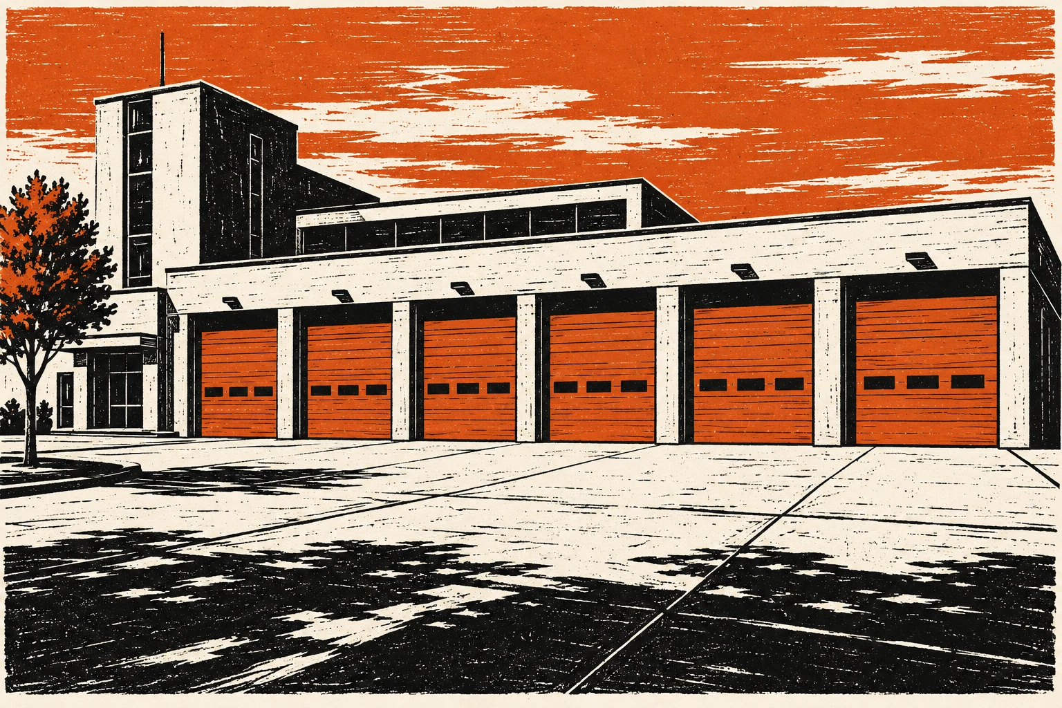 Ilustración IA: parque de bomberos genérico. Escena imaginaria; no documenta personas, instalaciones ni resultados reales.
