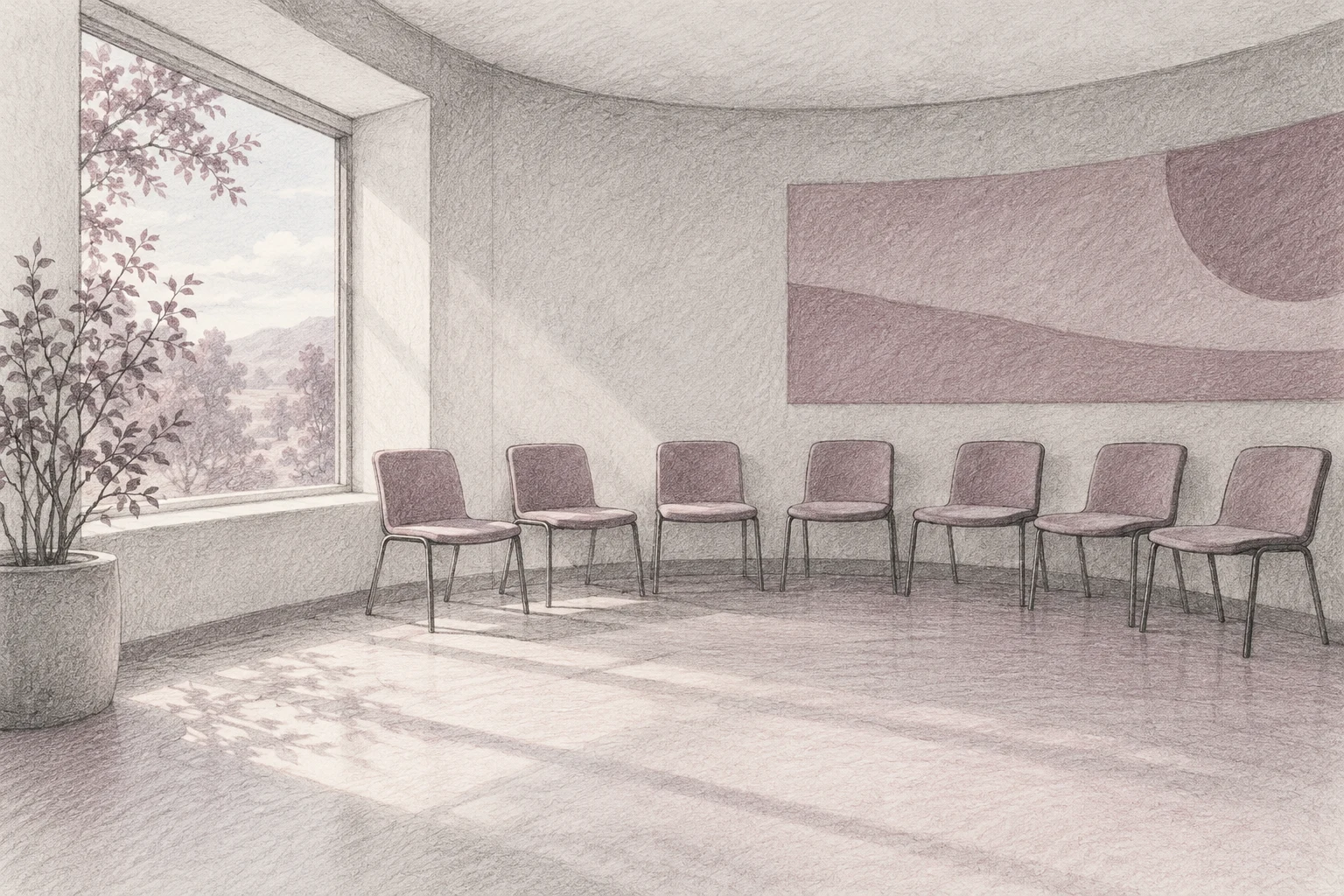 Ilustración IA: sala de espera imaginaria sin personas ni señalética. Composición imaginaria, no documenta personas, datos, pruebas o hechos reales.