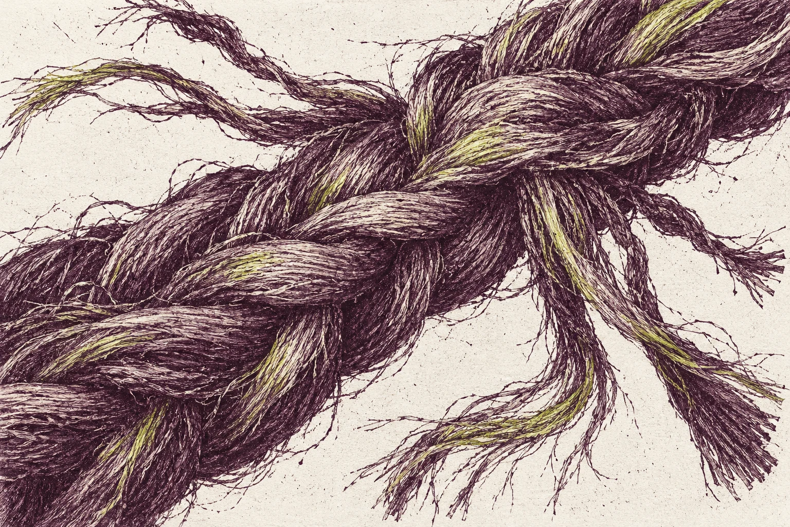 Ilustración IA: fibras imaginarias reunidas en una trenza con extremos separados. Escena imaginaria, no documenta personas, datos o hechos reales.