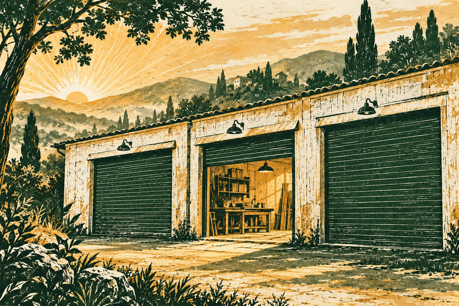 Ilustración IA: persianas de tres talleres ficticios, una abierta y dos cerradas sin rótulos. Composición imaginaria, no documenta personas, datos, pruebas o hechos reales.