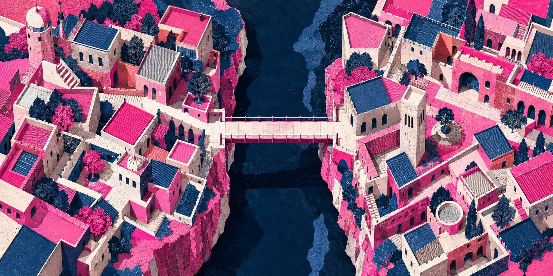 Ilustración IA: dos tramas de edificios ficticios conectadas por una pasarela vacía, sin flechas ni mapa real. Composición imaginaria, no documenta personas, datos, pruebas o hechos reales.