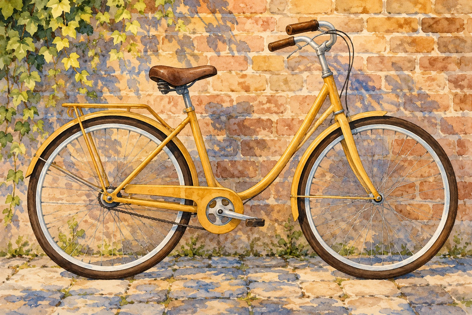 Ilustración IA: bicicleta ficticia intacta sin marca ni daños simulados ante pared de ladrillo imaginaria. Composición imaginaria, no documenta personas, datos, pruebas o hechos reales.