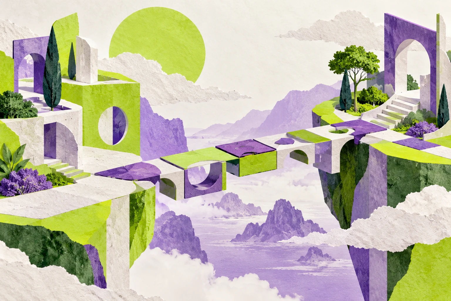 Ilustración IA: dos plataformas imaginarias unidas por una pasarela de piezas intercambiables, sin servidores ni marcas. Composición imaginaria, no documenta personas, datos, pruebas o hechos reales.