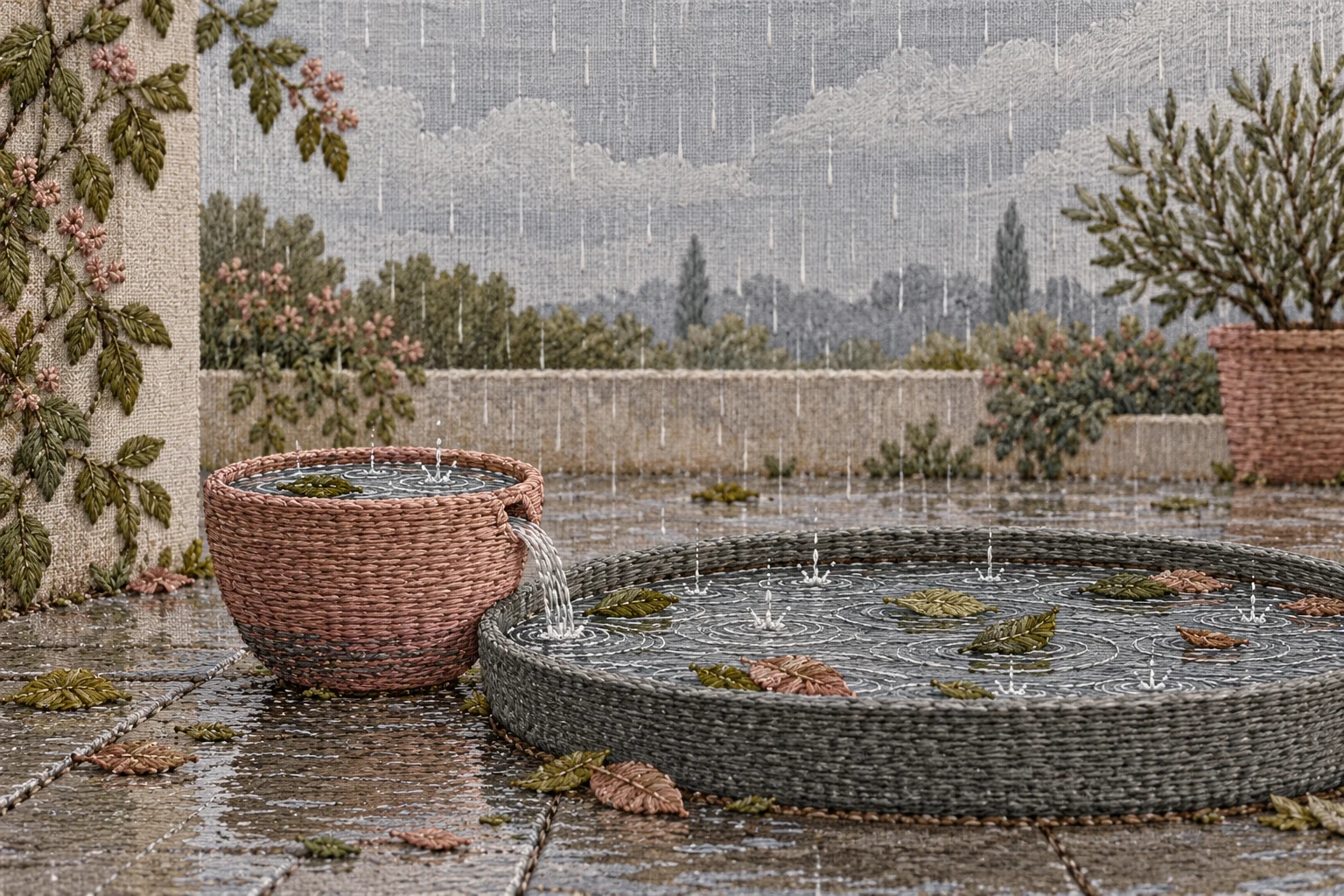 Ilustración IA en bordado: patio imaginario con dos recipientes bajo la lluvia; metáfora de capacidad sin cantidades financieras.