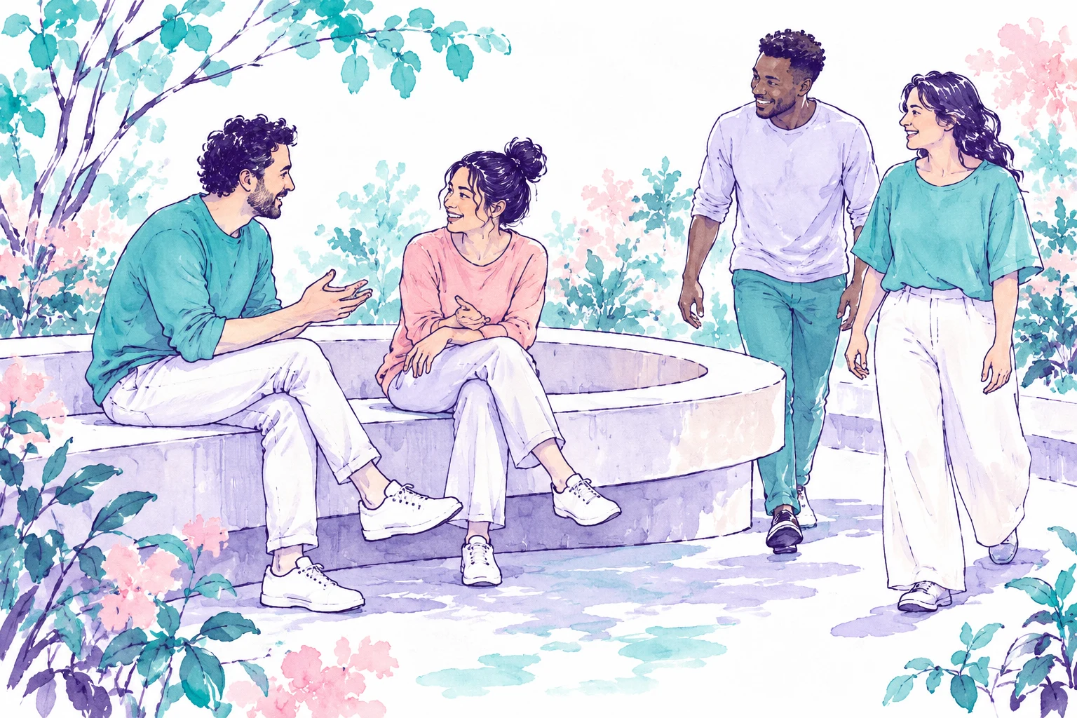 Cuatro adultos ficticios alrededor de un banco curvo en tinta y aguada; ilustración IA conceptual, sin encuestados, trabajo de campo o sede del BCE reales.
