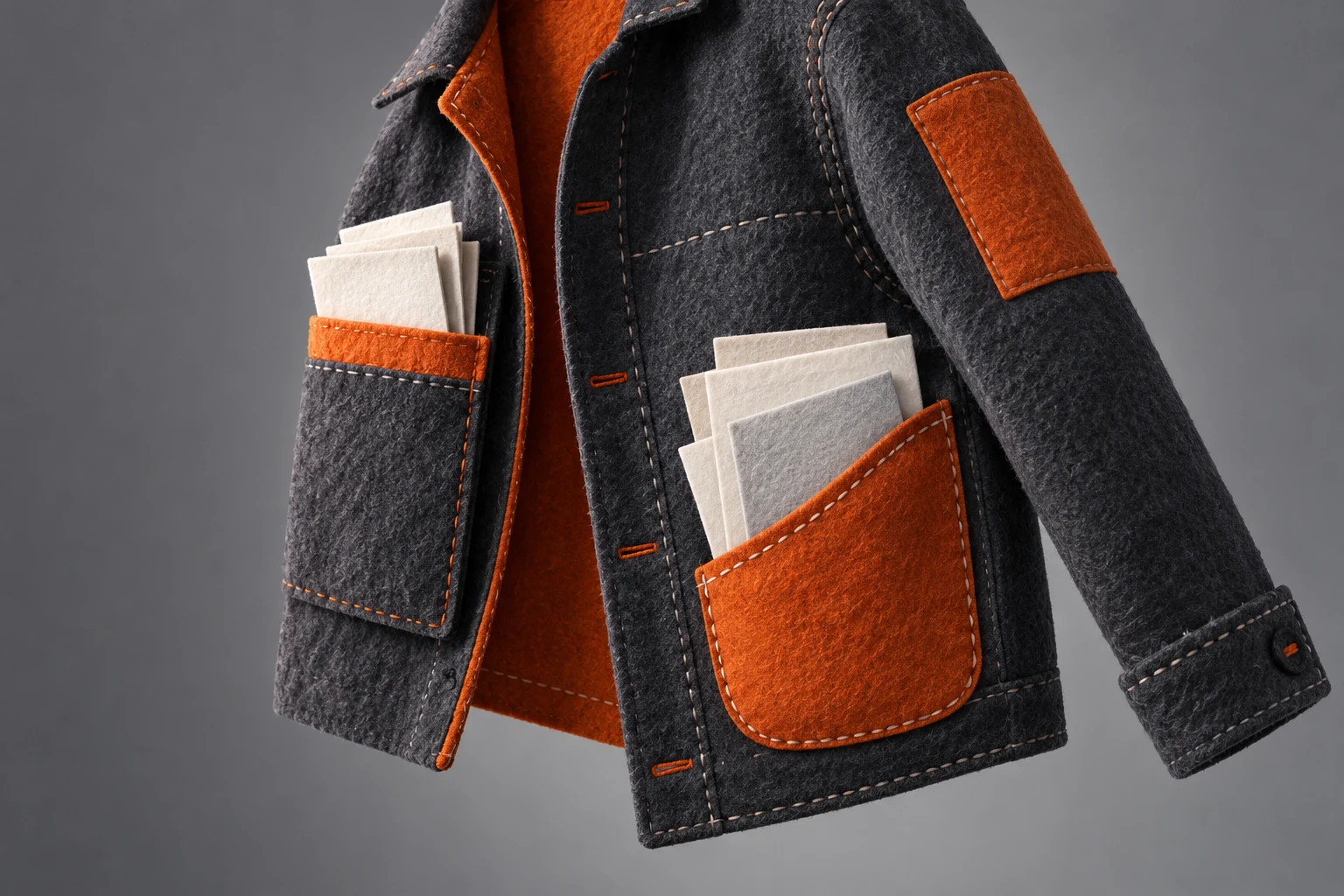 Chaqueta laboral ficticia hecha de fieltro con hojas lisas en dos bolsillos; ilustración IA, sin documentos, datos personales o prendas comerciales reales.